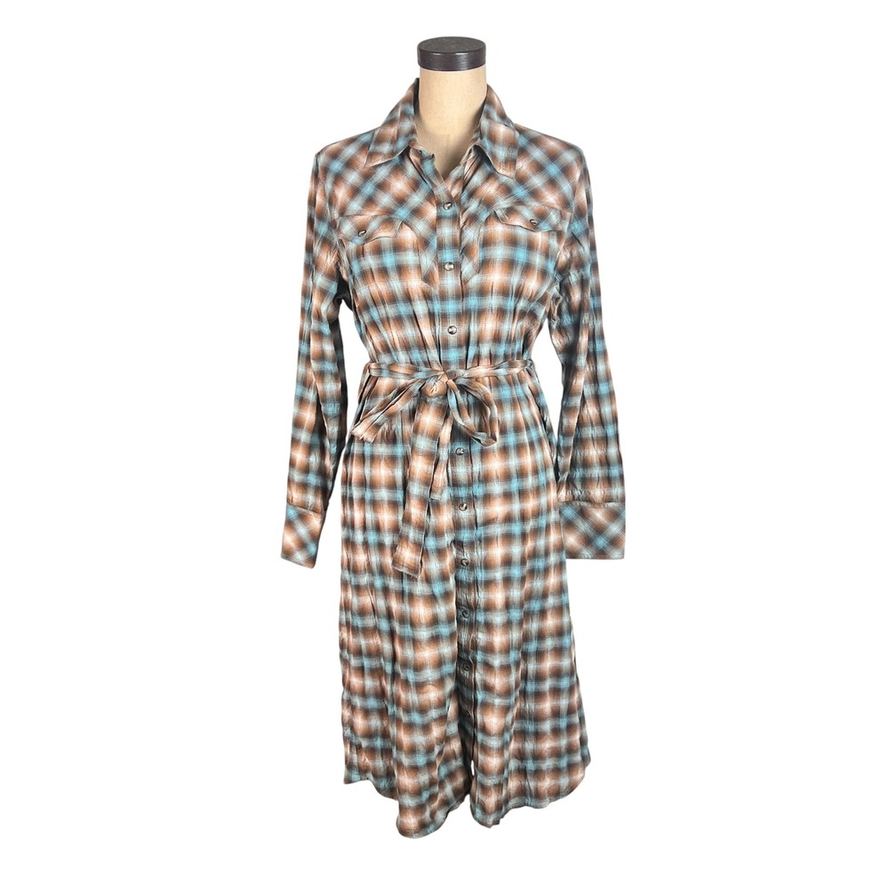 Pendleton Womens Plaid Snap Front Western Shirt Dress Brown Blue Midi Size M